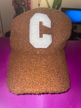 Brown Fuzzy Cap with White 'C' Patch